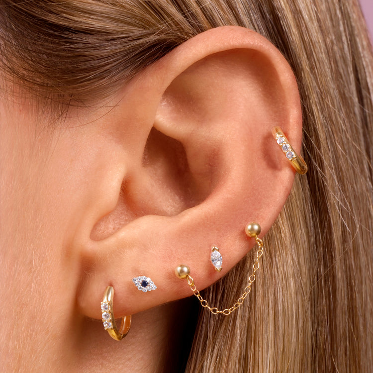 Image of 10K Yellow Gold Small Pave Diamond Evil Eye Stud with Stone and Strand Earrings