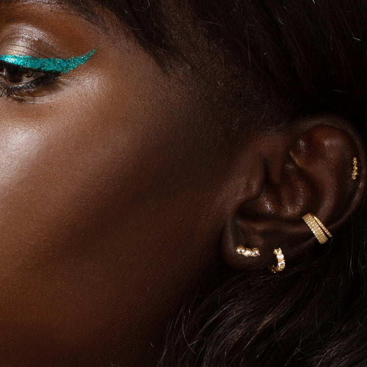 Image of 10K Yellow Gold Medium Sapphire Shimmer Curve Studs with Stone and Strand Earrings