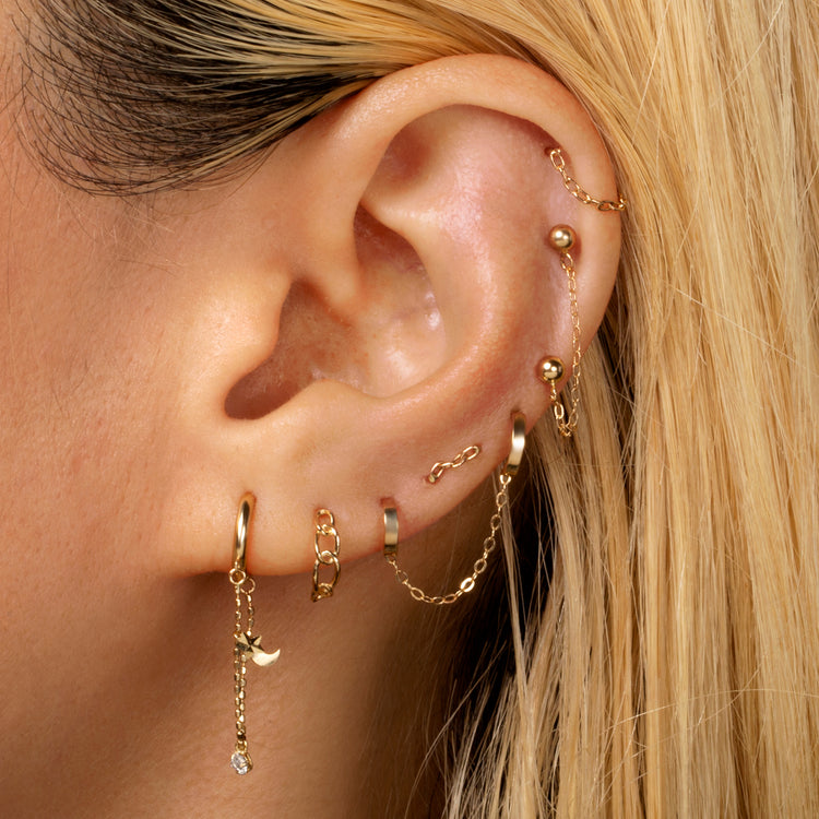 Image of 10K Yellow Gold Teeny Tiny Double Huggie with Stone and Strand Earrings